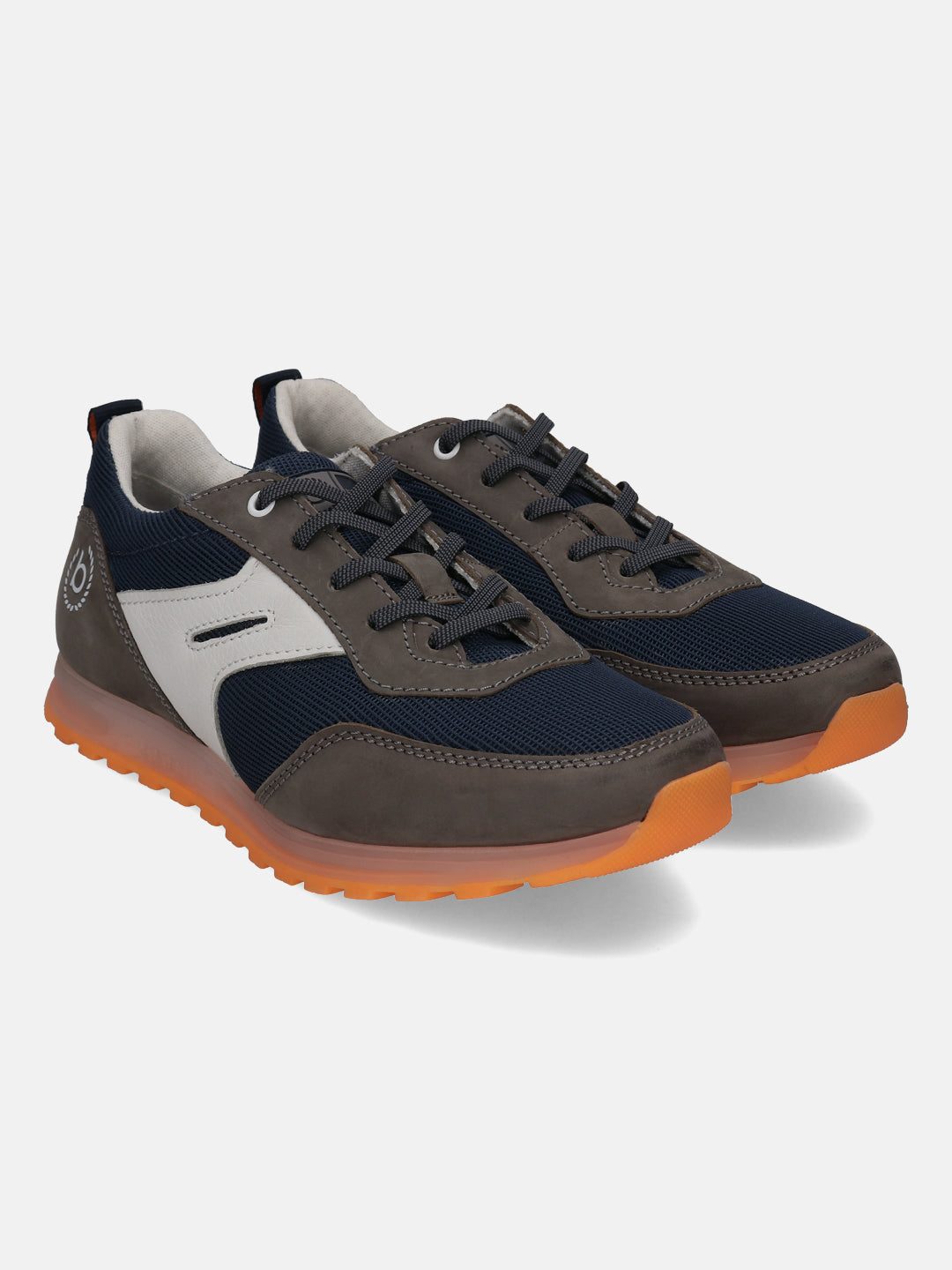 Dark gray comfort mid top sneakers by bugatti, with navy mesh and an orange sole.