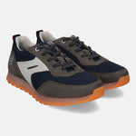 Dark gray comfort mid top sneakers by bugatti, with navy mesh and an orange sole.