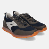 Dark gray comfort mid top sneakers by bugatti, with navy mesh and an orange sole.