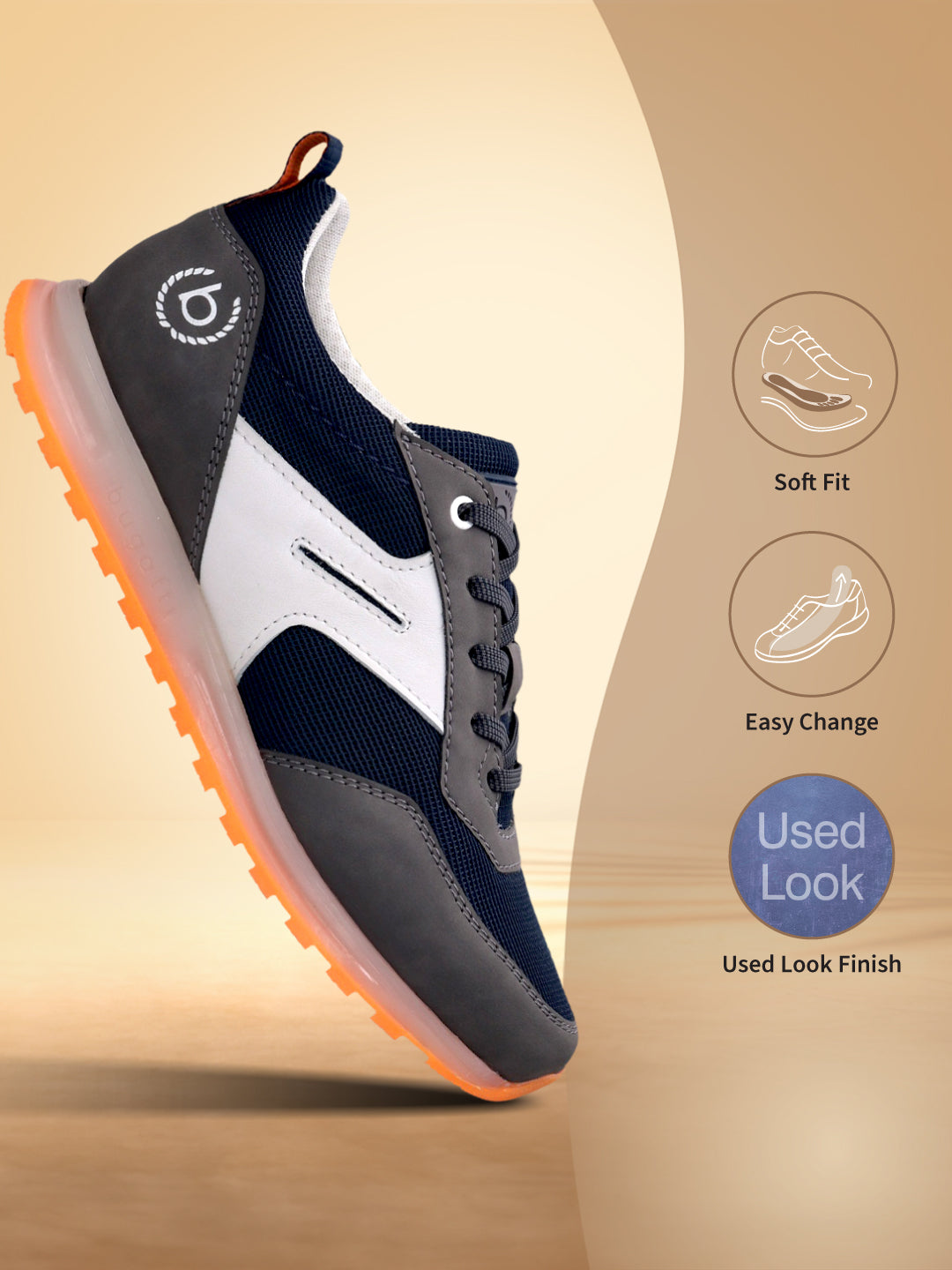 Side view of a bugatti Cirino Dark Grey Comfort Mid Top Sneaker with white accents and a translucent orange sole.