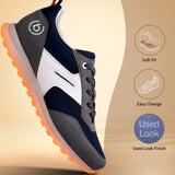 Side view of a bugatti Cirino Dark Grey Comfort Mid Top Sneaker with white accents and a translucent orange sole.