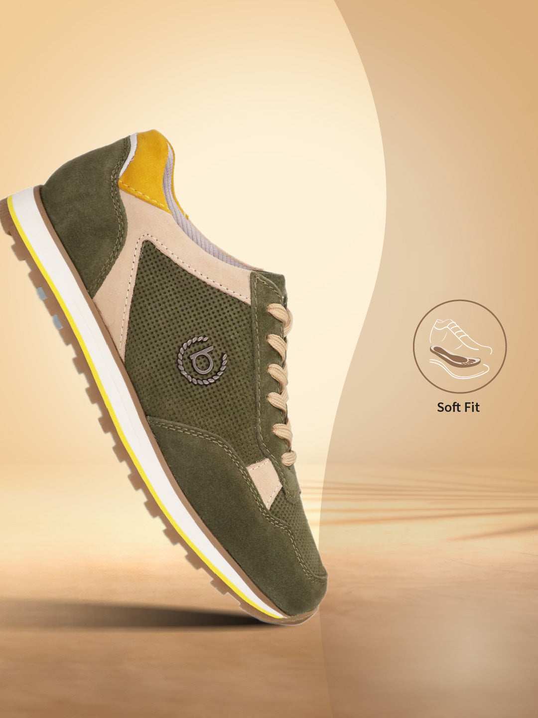 Dark green leather sneakers by bugatti, with beige accents and yellow heel counter, shown in a side view.