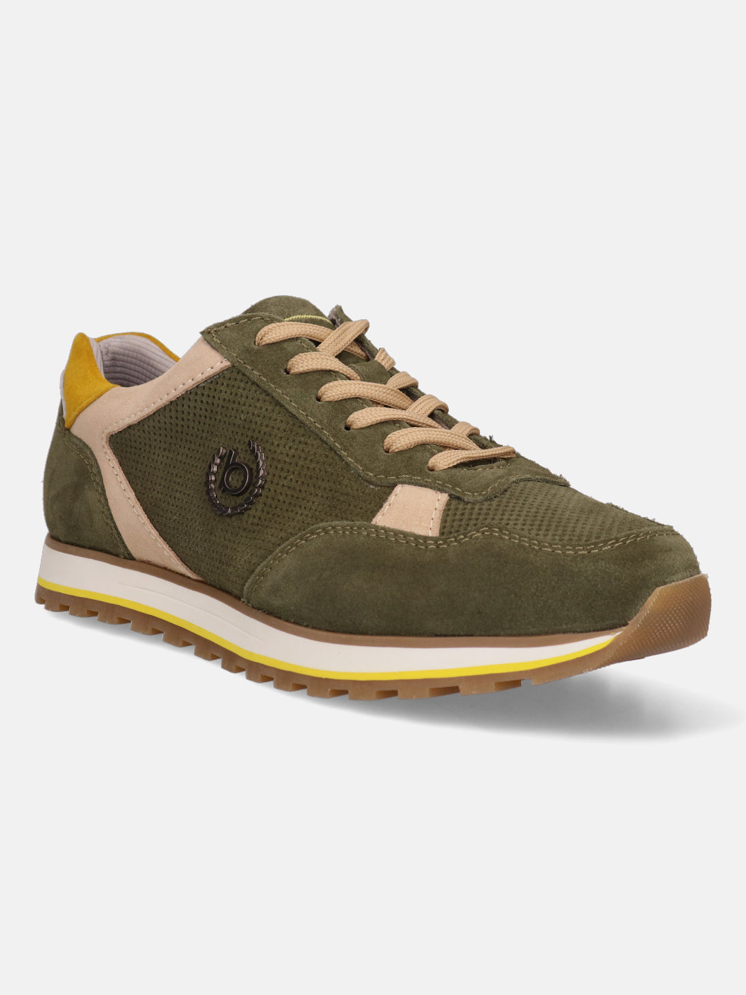 Dark green suede comfort sneakers by bugatti, with tan laces, yellow heel detail, and a contrasting white midsole.
