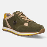 Dark green suede comfort sneakers by bugatti, with tan laces, yellow heel detail, and a contrasting white midsole.
