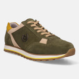 Dark green suede comfort sneakers by bugatti, with tan laces, yellow heel detail, and a contrasting white midsole.
