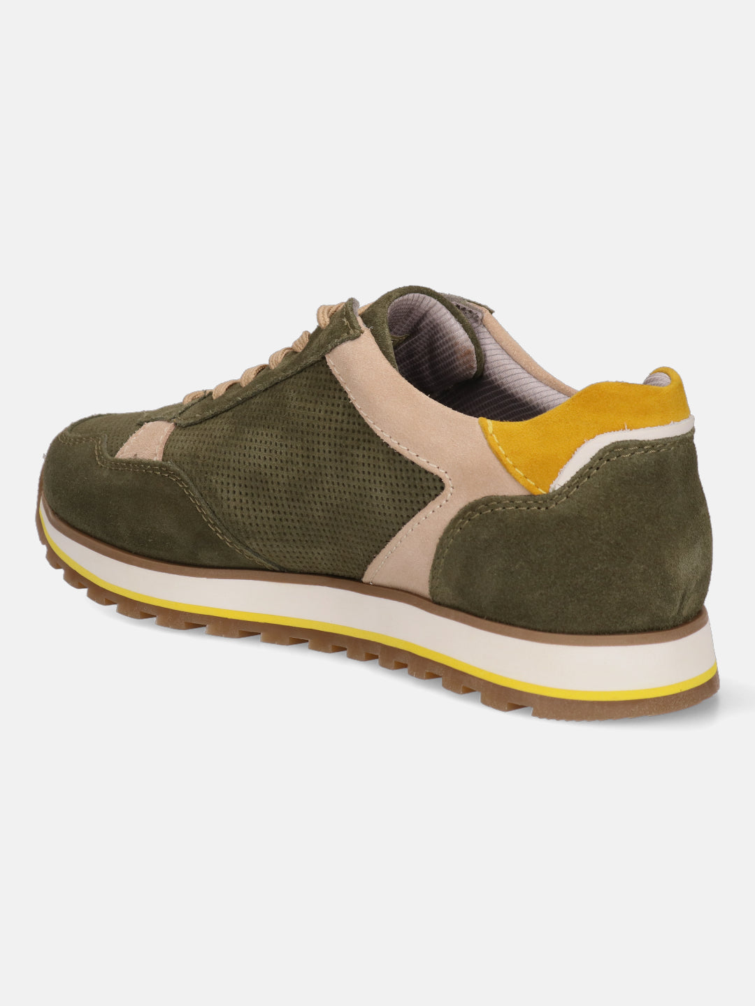 Green leather comfort sneakers by bugatti with beige and yellow accents, shown in back view.