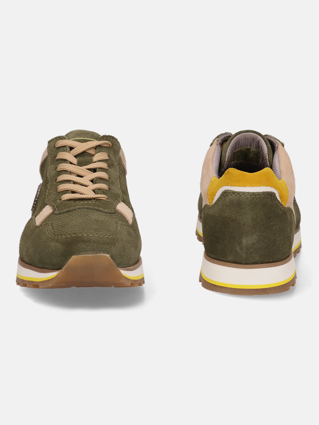 Dark green leather sneakers by bugatti with khaki laces, tan and yellow accents, shown from the front and back.
