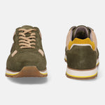 Dark green leather sneakers by bugatti with khaki laces, tan and yellow accents, shown from the front and back.
