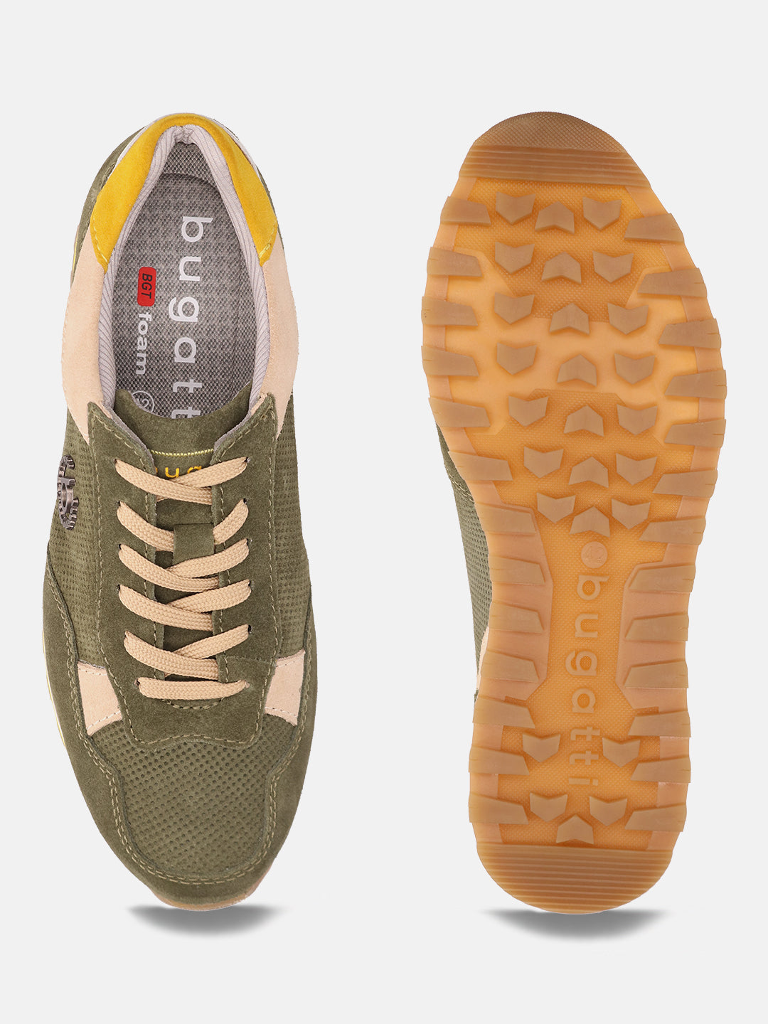 Olive green leather sneakers by bugatti, displaying a tan colored outsole, with textured design and yellow accents.