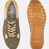 Olive green leather sneakers by bugatti, displaying a tan colored outsole, with textured design and yellow accents.