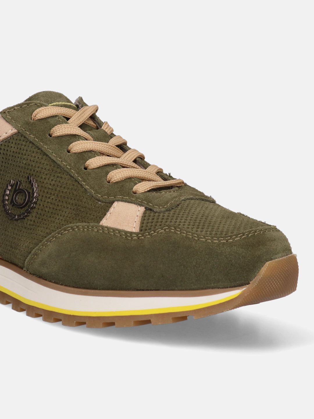 Green leather sneakers by Bugatti, featuring tan laces, suede accents, and a textured rubber sole.