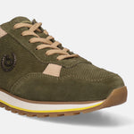 Green leather sneakers by Bugatti, featuring tan laces, suede accents, and a textured rubber sole.