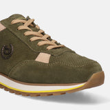 Green leather sneakers by Bugatti, featuring tan laces, suede accents, and a textured rubber sole.