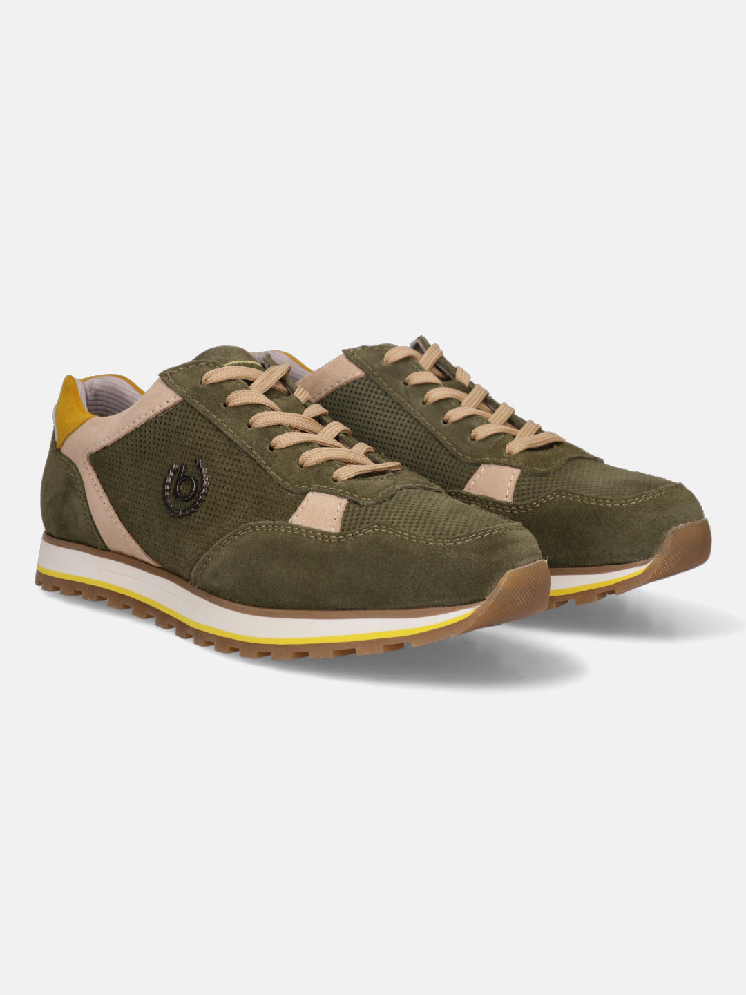 Dark green sneakers in leather by bugatti, with beige and yellow accents.