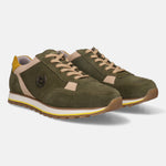 Dark green sneakers in leather by bugatti, with beige and yellow accents.