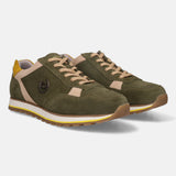Dark green sneakers in leather by bugatti, with beige and yellow accents.