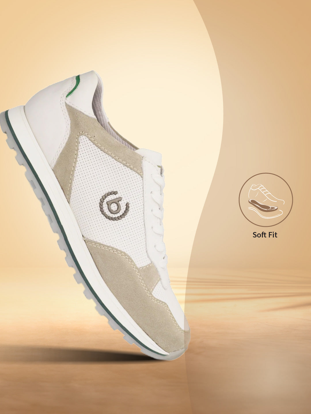 Sand-colored leather comfort sneakers by bugatti, featuring perforated detailing and a white midsole with a green accent stripe.