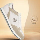 Sand-colored leather comfort sneakers by bugatti, featuring perforated detailing and a white midsole with a green accent stripe.