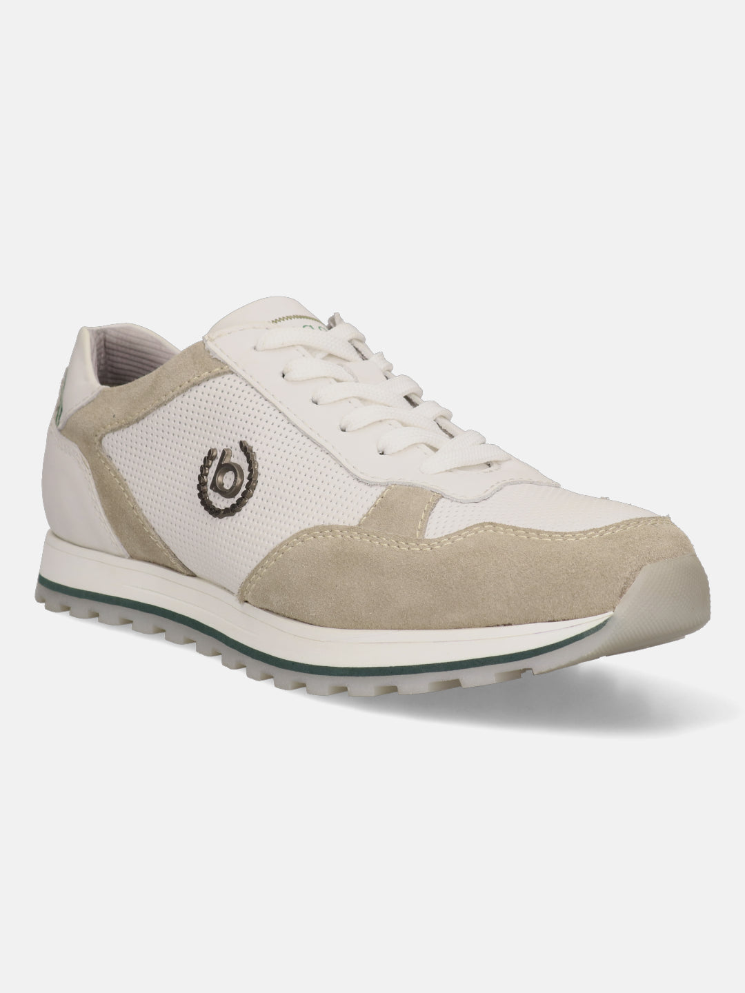 Sand-colored leather sneaker by Bugatti featuring perforated detailing, suede accents, and a textured rubber sole.