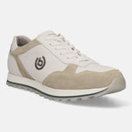 Sand-colored leather sneaker by Bugatti featuring perforated detailing, suede accents, and a textured rubber sole.