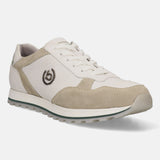 Sand-colored leather sneaker by Bugatti featuring perforated detailing, suede accents, and a textured rubber sole.