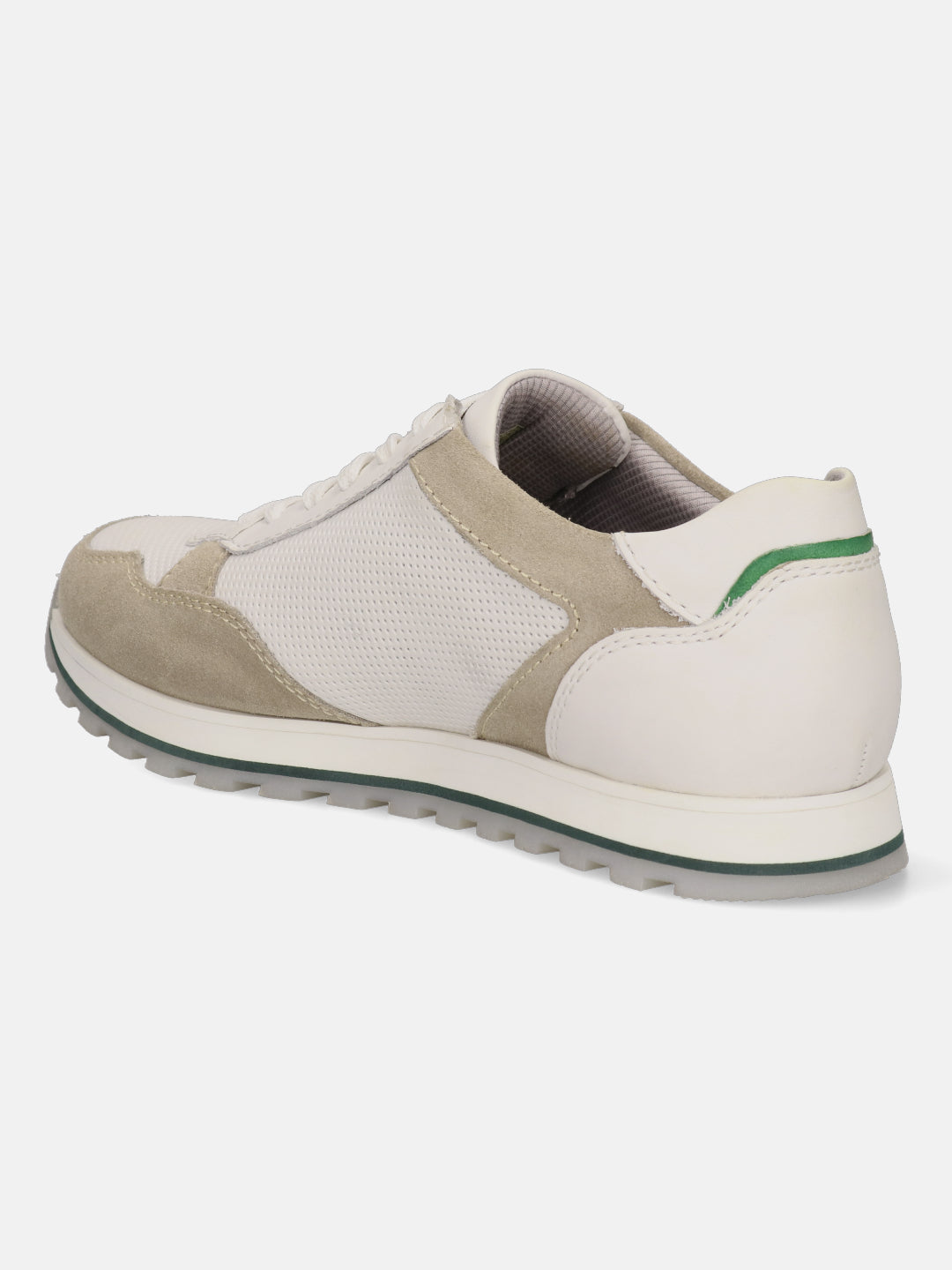 Sand-colored leather and mesh sneakers by bugatti, with a contrasting green stripe at the heel.