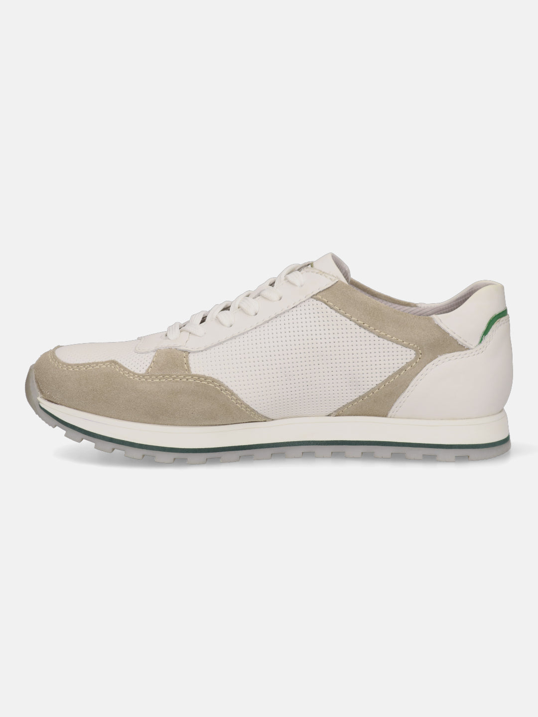 Sand leather comfort sneaker by bugatti with suede trim and a contrasting green accent at the heel.