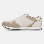Sand leather comfort sneaker by bugatti with suede trim and a contrasting green accent at the heel.