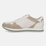 Sand leather comfort sneaker by bugatti with suede trim and a contrasting green accent at the heel.
