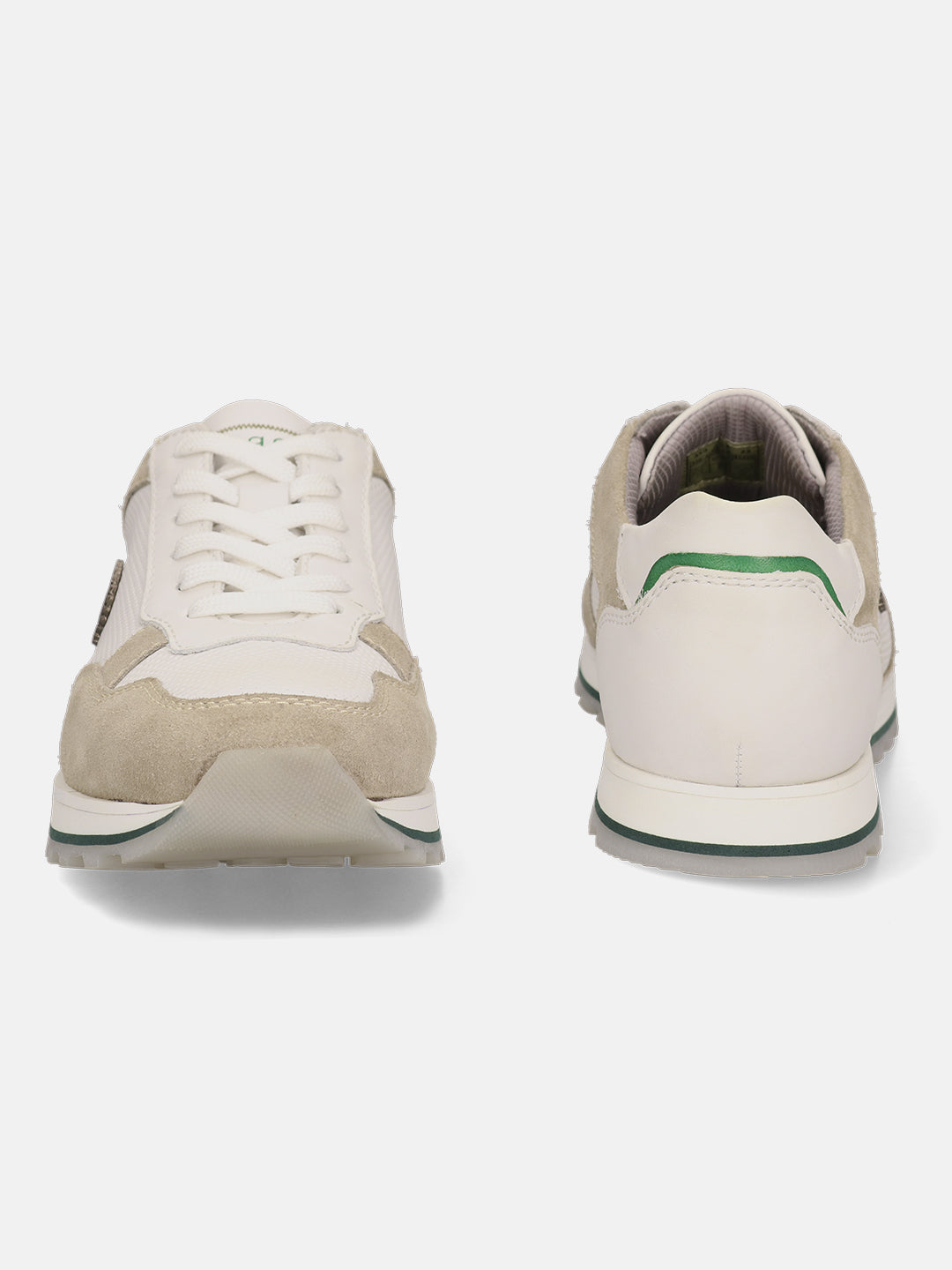 Beige leather comfort sneakers by bugatti with off-white suede accents and green trim.