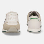 Beige leather comfort sneakers by bugatti with off-white suede accents and green trim.