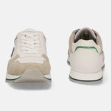 Beige leather comfort sneakers by bugatti with off-white suede accents and green trim.