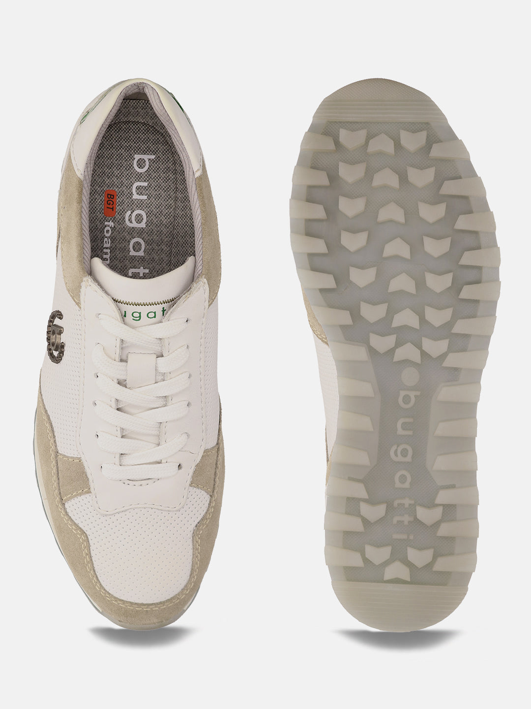 White and sand-colored sneakers from bugatti, showing the sole with grip and branding.