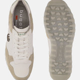 White and sand-colored sneakers from bugatti, showing the sole with grip and branding.