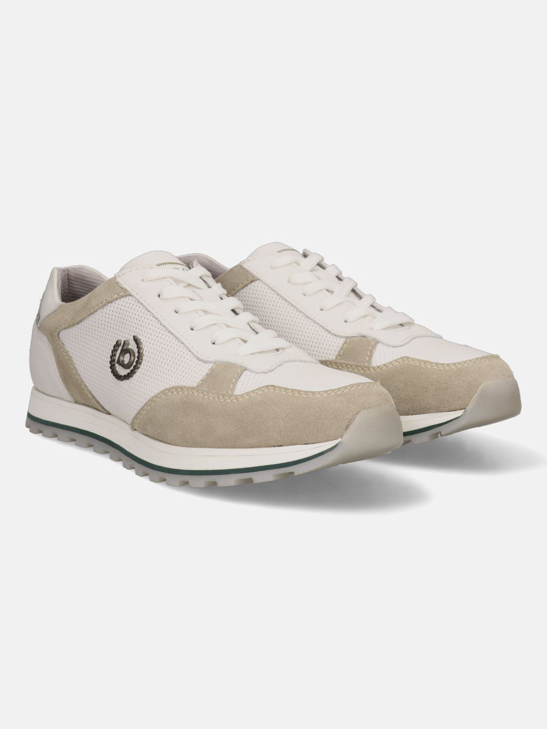 Sand colored premium leather comfort sneakers by Bugatti, with a logo on the side and a textured sole.
