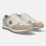 Sand colored premium leather comfort sneakers by Bugatti, with a logo on the side and a textured sole.

