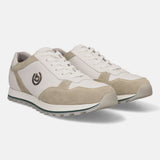Sand colored premium leather comfort sneakers by Bugatti, with a logo on the side and a textured sole.
