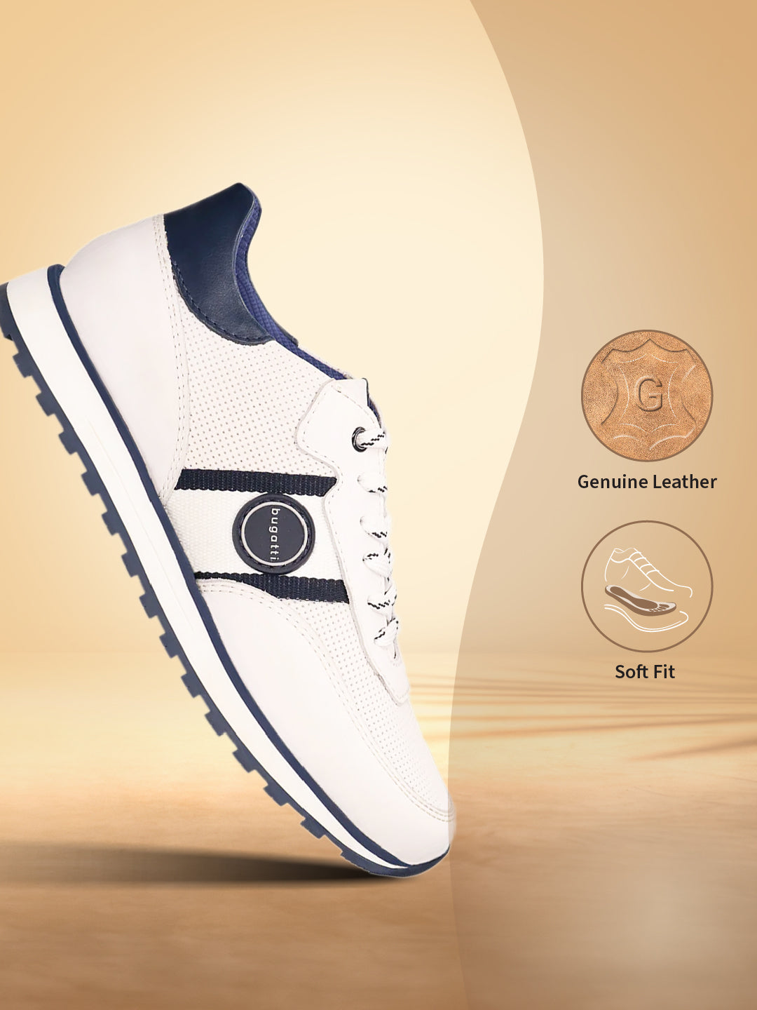 White leather sneakers by bugatti with navy accents and perforated detailing.