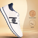 White leather sneakers by bugatti with navy accents and perforated detailing.