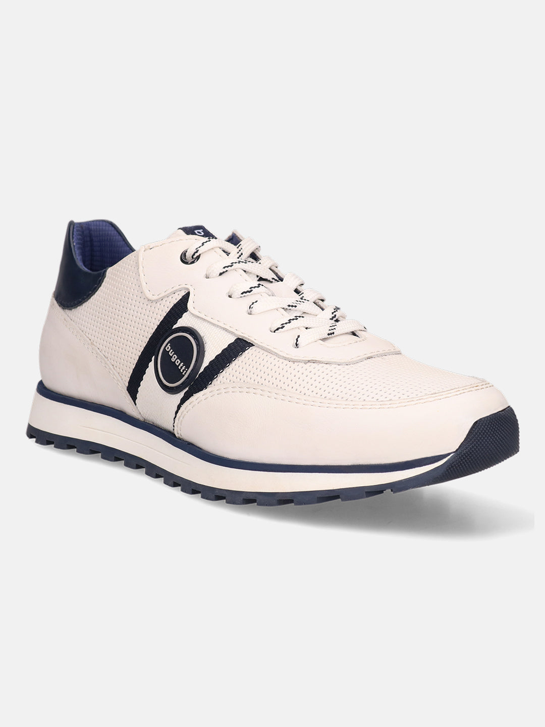 White leather sneakers by bugatti featuring navy blue accents, decorative perforations, and patterned laces.
