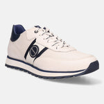 White leather sneakers by bugatti featuring navy blue accents, decorative perforations, and patterned laces.