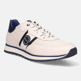 White leather sneakers by bugatti featuring navy blue accents, decorative perforations, and patterned laces.