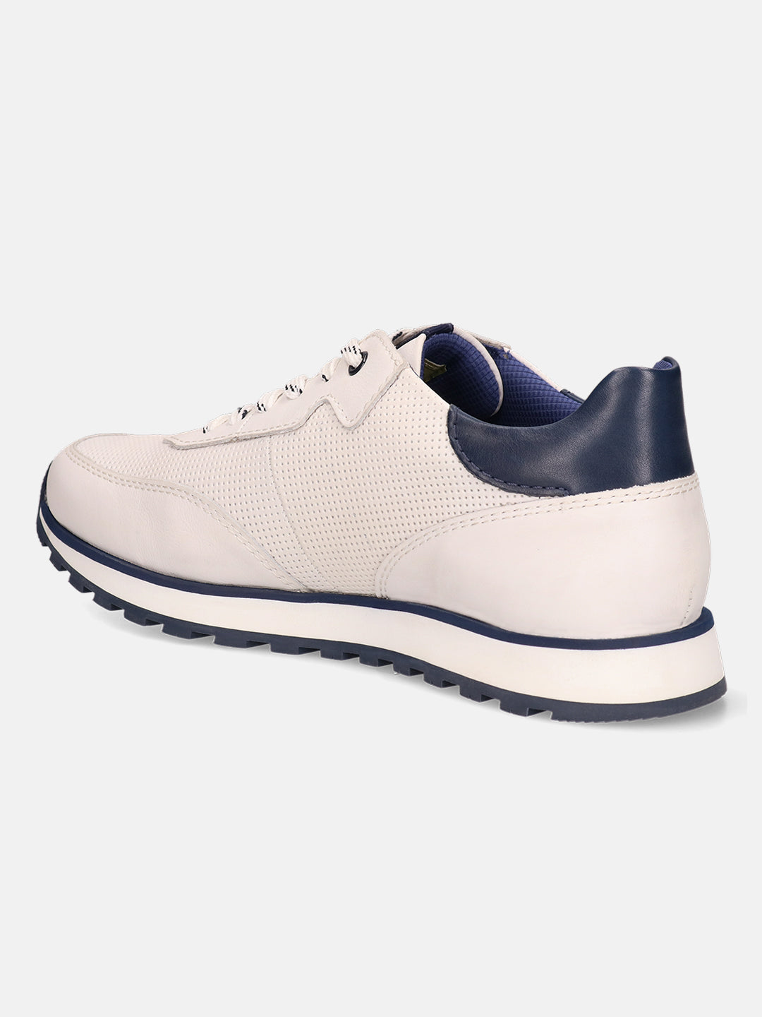 White leather comfort sneakers by bugatti with perforated detailing, navy blue accents, and ridged soles.
