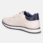 White leather comfort sneakers by bugatti with perforated detailing, navy blue accents, and ridged soles.