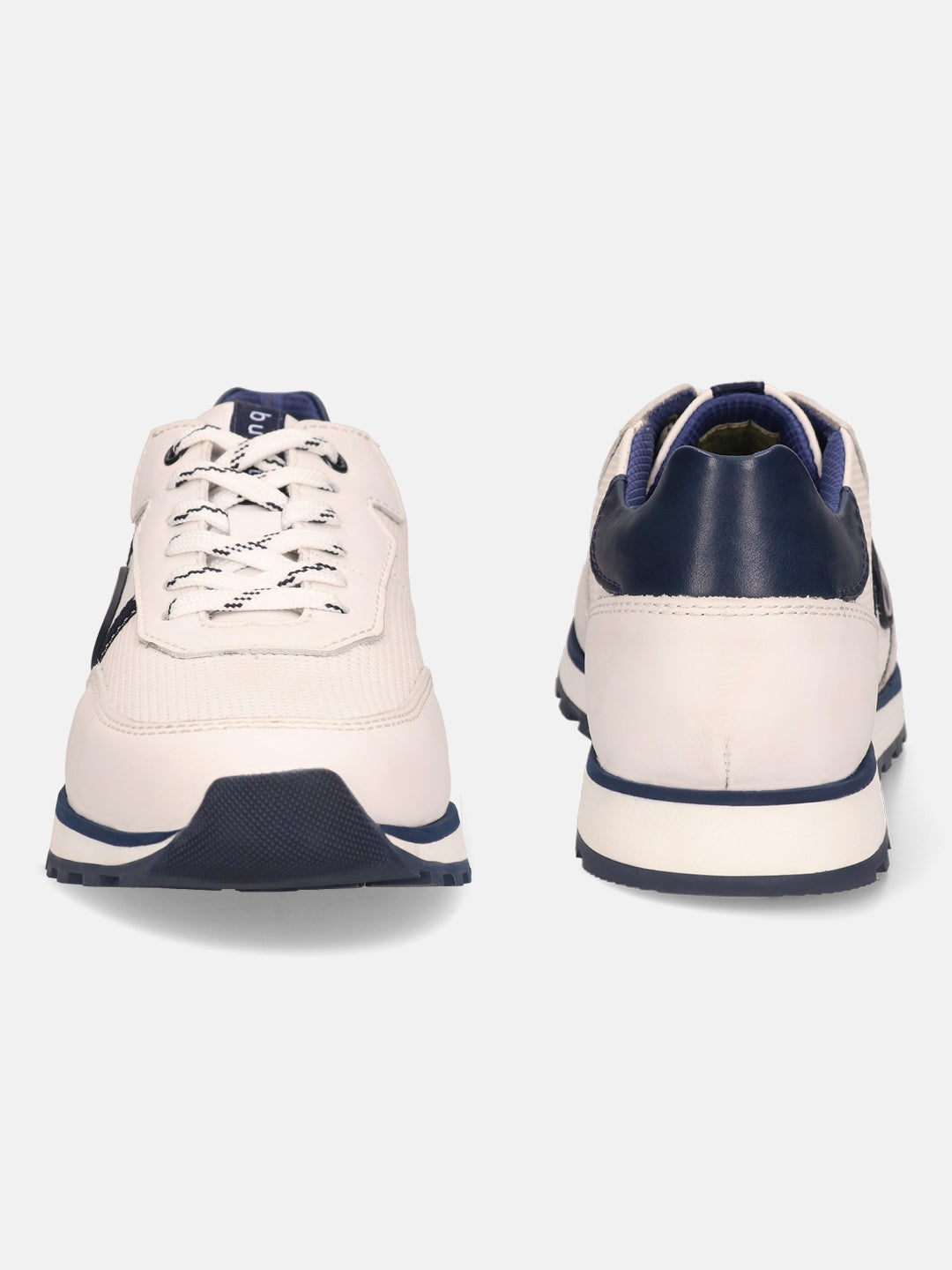 White leather sneakers by bugatti, with navy accents on the heel, sole and laces.