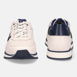 White leather sneakers by bugatti, with navy accents on the heel, sole and laces.