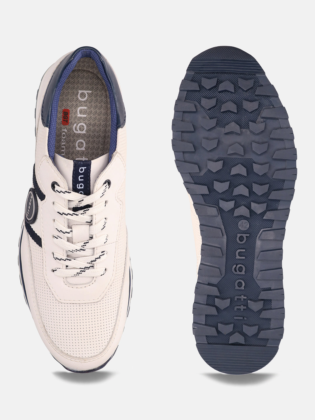 White premium leather comfort sneakers by bugatti, showing blue accents and textured soles.
