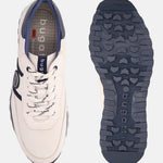 White premium leather comfort sneakers by bugatti, showing blue accents and textured soles.