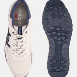 White premium leather comfort sneakers by bugatti, showing blue accents and textured soles.