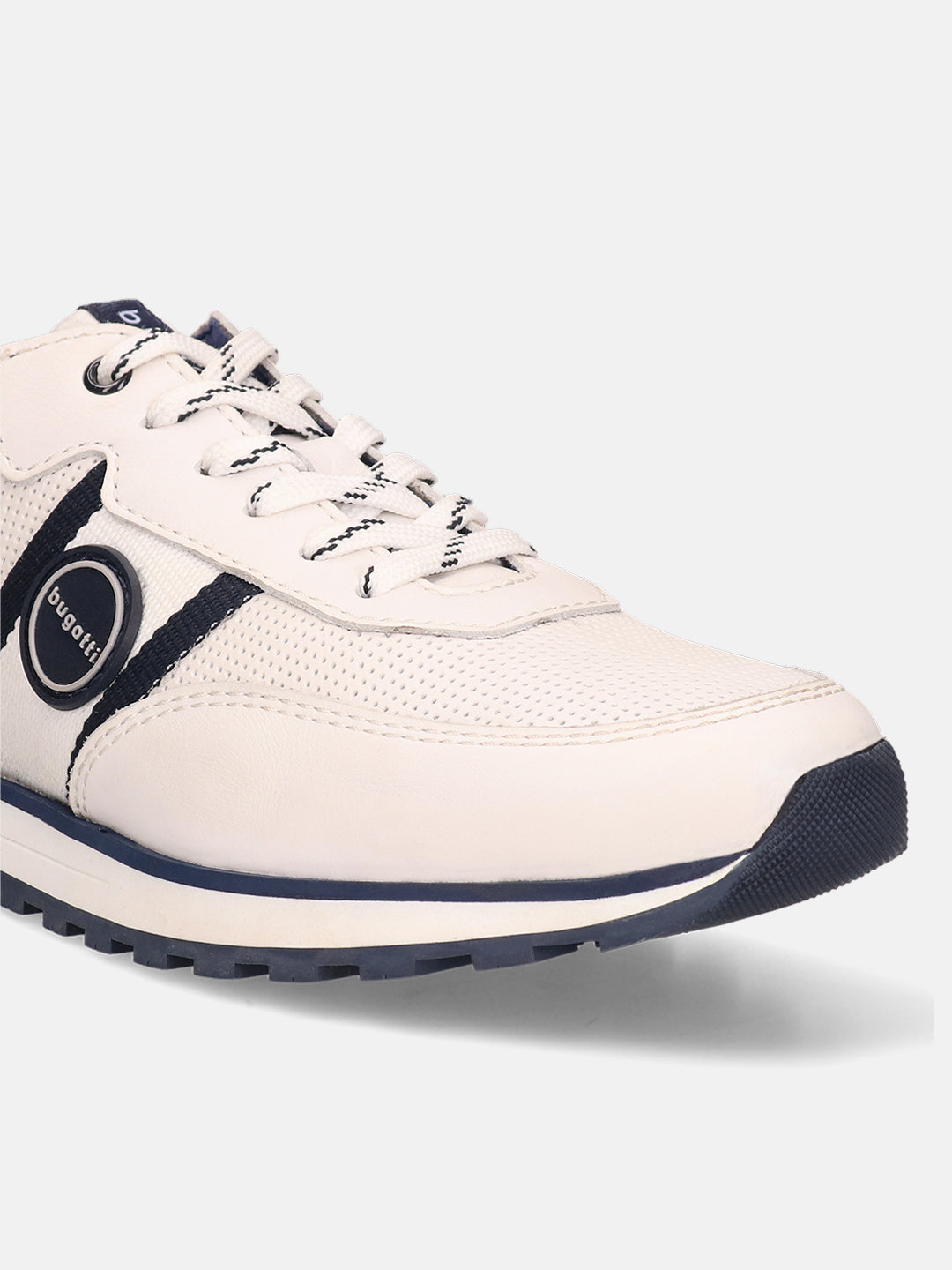 White leather comfort sneakers by bugatti, with navy accents, a mesh vamp, and patterned laces.